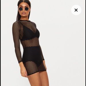 Prettylittlething long sleeve fishnet black dress
